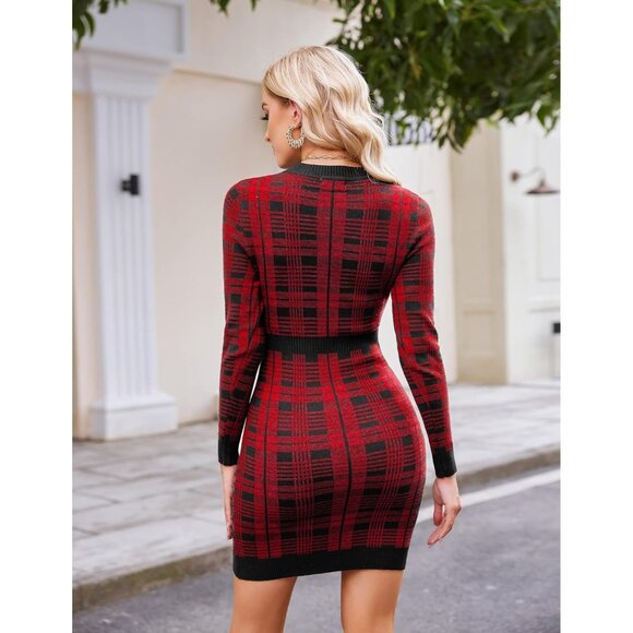 Women Colorblock Striped Long Sleeve Cotton Z Red Plaid Sweater Bodycon Dress - Picture 4 of 6